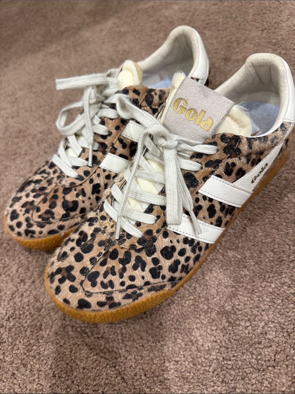 Gola women’s Leopard Print Sneakers with White Stripes and Gum Sole